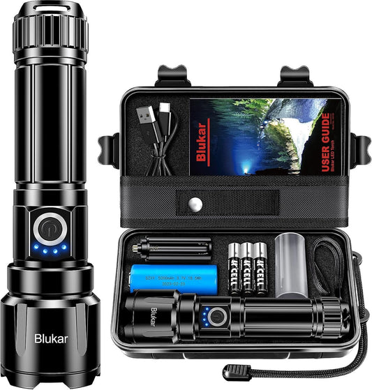 Blukar Flashlight Rechargeable, High Lumens 500000L Super Bright LED Flashlights - Zoomable, 5 Light Modes, IP67 Waterproof, Powerful Long Lasting Handheld Flash Light for Emergencies, Camping, Hiking