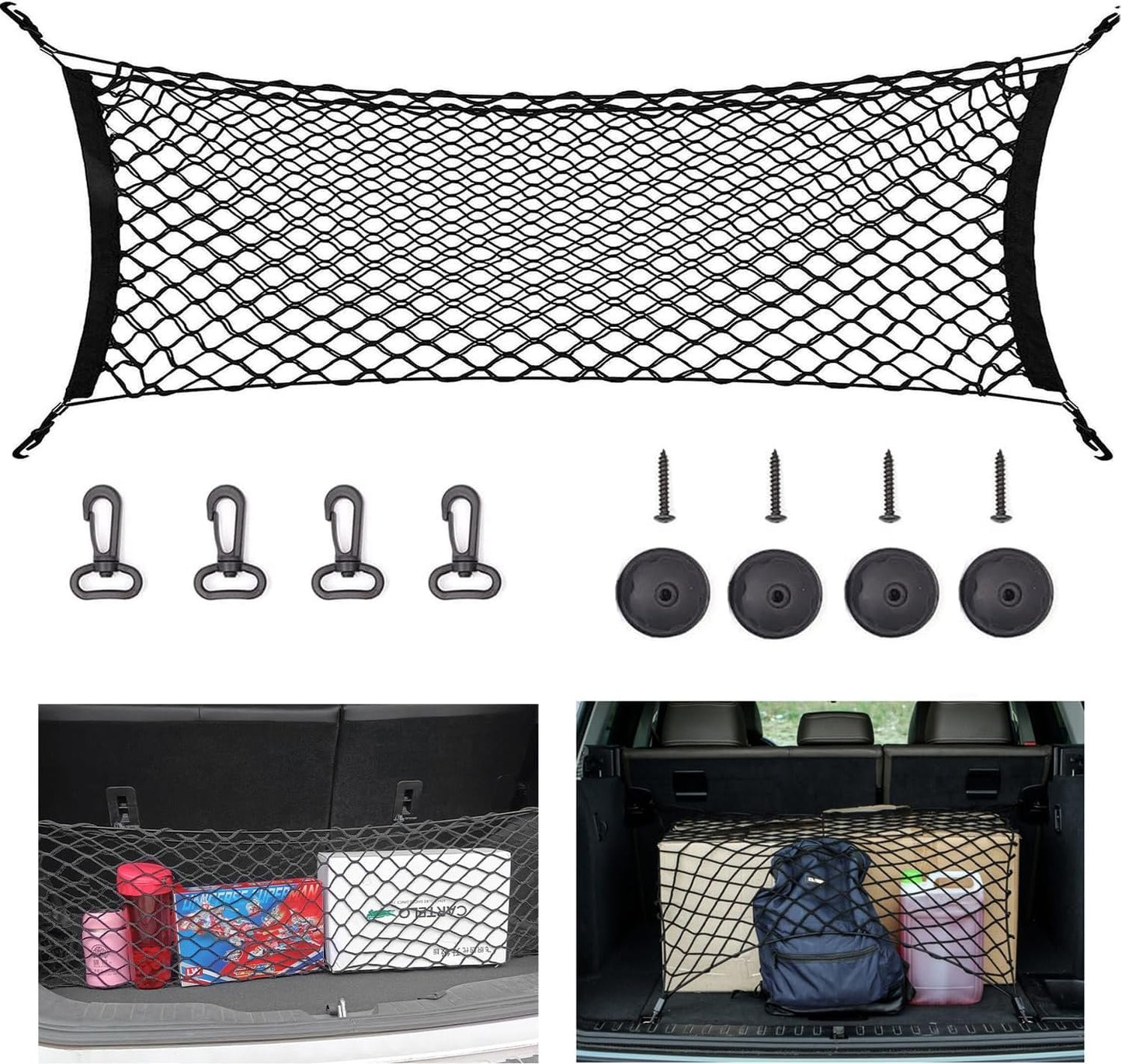zxbaers Car Rear Cargo Net (35.4"x15.8"), Envelope Style Elastic Trunk Net Organizer Heavy Duty Stretchable Nylon Storage Net Mesh with Hooks for Car, SUV, Vehicle
