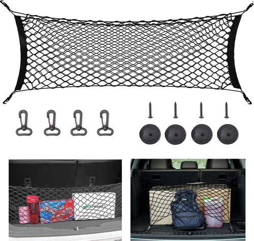 zxbaers Car Rear Cargo Net (35.4"x15.8"), Envelope Style Elastic Trunk Net Organizer Heavy Duty Stretchable Nylon Storage Net Mesh with Hooks for Car, SUV, Vehicle