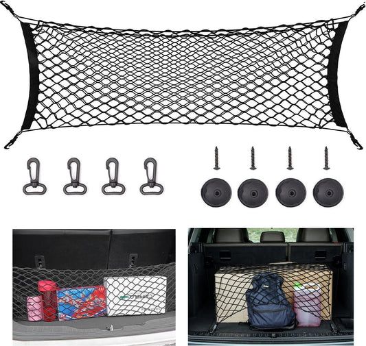 zxbaers Car Rear Cargo Net (35.4"x15.8"), Envelope Style Elastic Trunk Net Organizer Heavy Duty Stretchable Nylon Storage Net Mesh with Hooks for Car, SUV, Vehicle