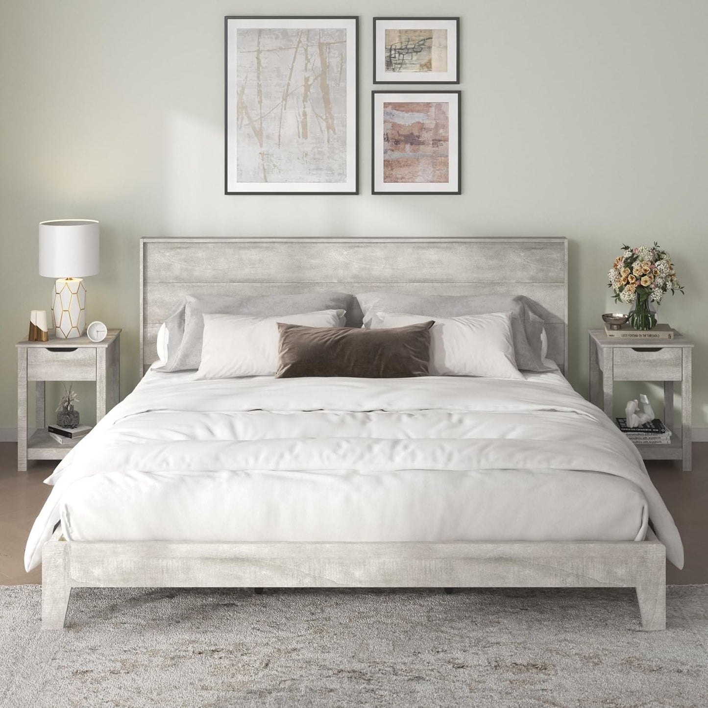 Galano Payne King Bed Frame with Headboard – Dusty Grey Oak Platform Bedframe, King Size Bed Frame, Base de Lit King, Solid Wood Foundation, Wood Slat Support, 80.35" D x 85.31" W x 40.16" H