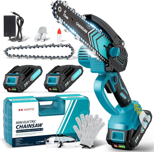 Mini Chainsaw Cordless 6 Inch, Battery Powered Chainsaw with LED Light, Safety Lock, Copper Motor, 21V Rechargeable Battery, Tool-Free Installation for Tree Trimming & Wood Cutting