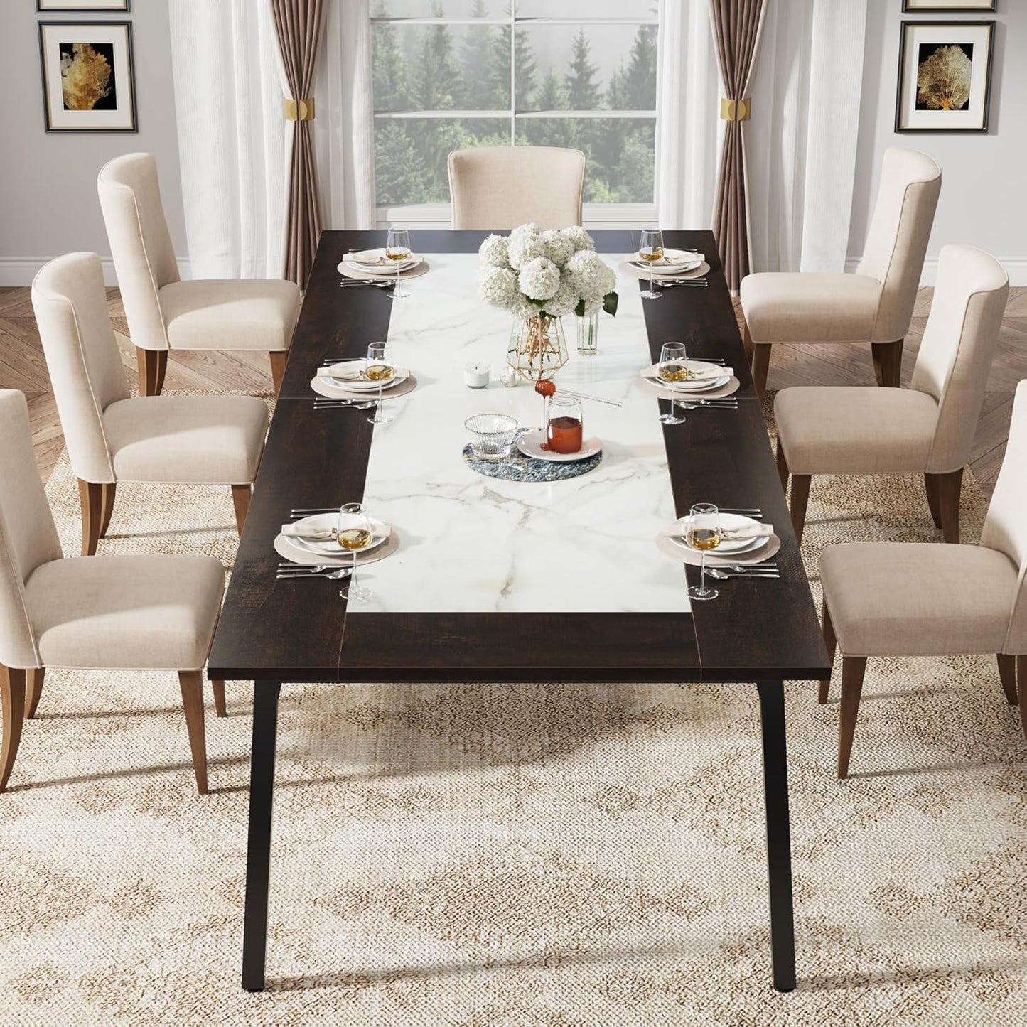 Tribesigns 200cm Dining Table for 8-10 People, Modern Large Kitchen Table Dining Room Table for Living Room, Kitchen, Rectangular Dinner Table with Metal Frame, Dark Brown and White