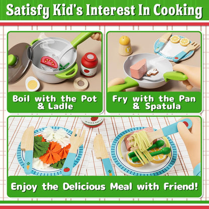 Lehoo Castle Wooden Play Food Kitchen Toys, Play Kitchen Accessories with Pot & Pan, Pizza Pasta Pretend Play Toy Food, Educational Learning Toy Gift for Toddlers 3+