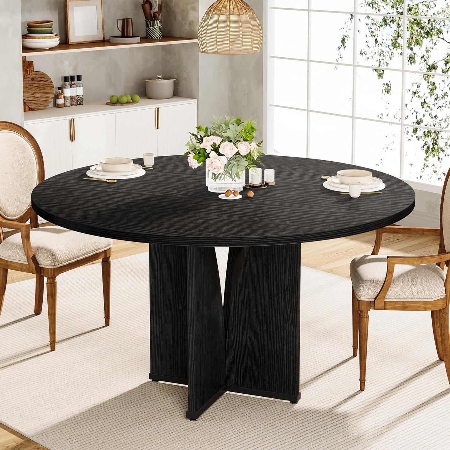 Tribesigns Round Dining Table Wood Kitchen Table for Dining Room Living Room, 39.37" Dining Table for 4 People, Farmhouse Dinner Table with Wooden Table Top and Legs(Without Chair) (Black)