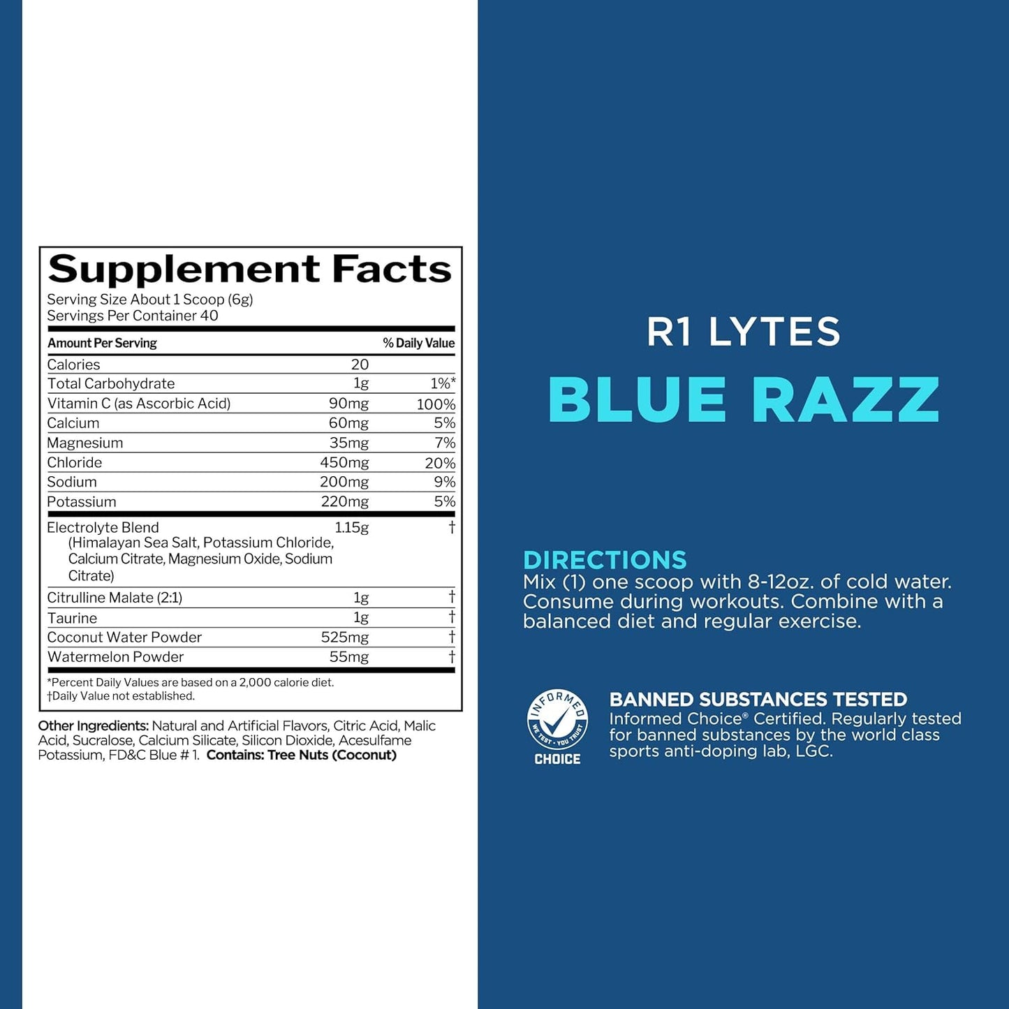 Rule1 R1 Lytes Premium Hydration Support Supplement 240 g, Blue Raspberry (40 Servings)