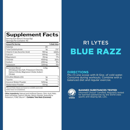 Rule1 R1 Lytes Premium Hydration Support Supplement 240 g, Blue Raspberry (40 Servings)