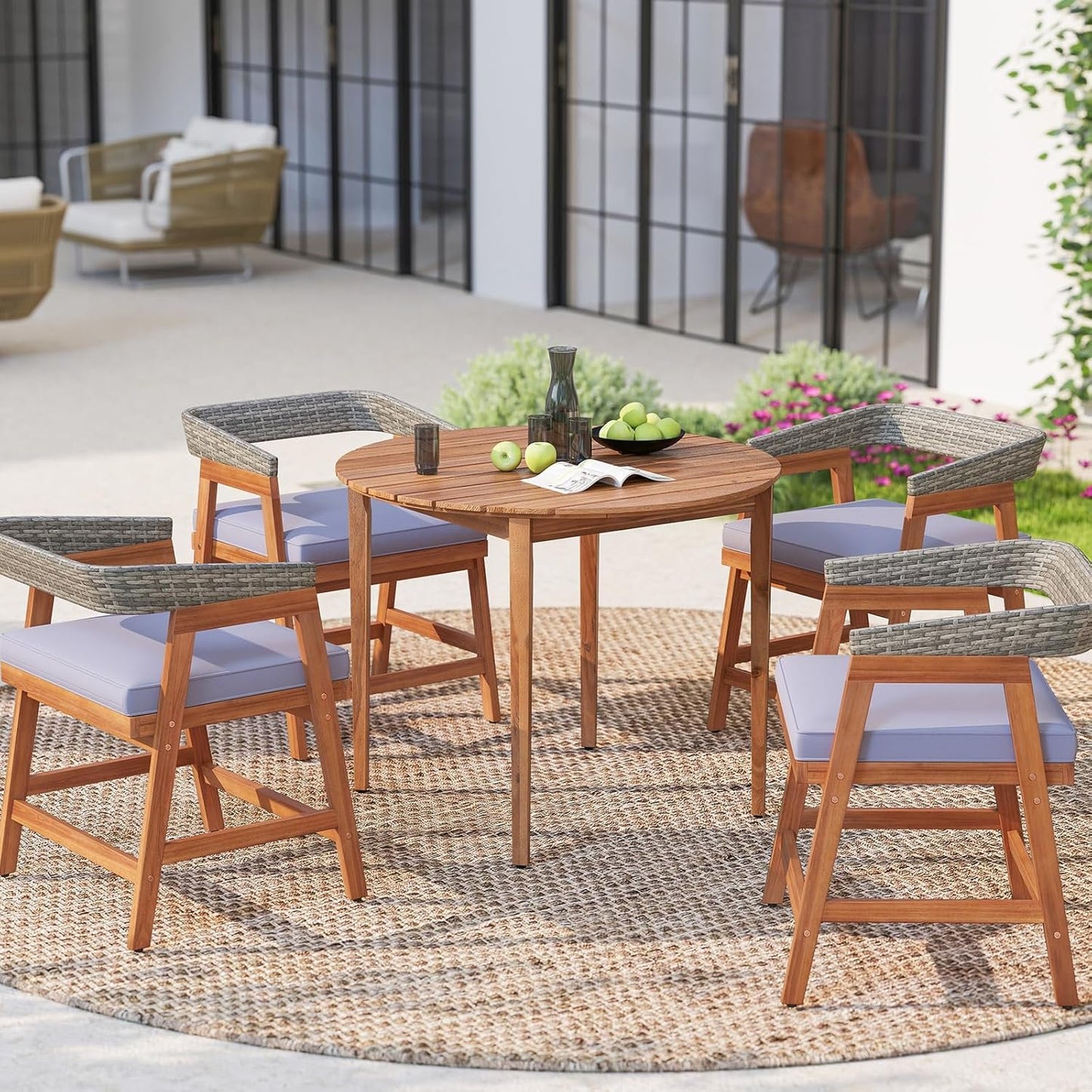 HAPPYGRILL Acacia Wood Round Dining Table for 4 People, 36" Rustic Patio Wooden Table w/Slatted Tabletop, Oil Finish, Indoor Outdoor Farmhouse Dining Furniture for Garden Backyard Deck Poolside Home