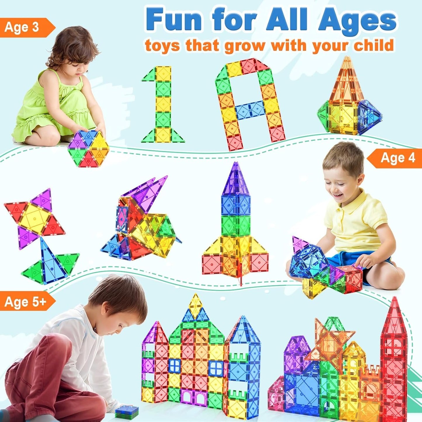 Magnetic Tiles Building Blocks 102pcs Advanced Set STEM Toys for 3+ Year Old Boys and Girls Learning by Playing Montessori Toys Toddler Kids Activities Games Christmas New Year Gifts