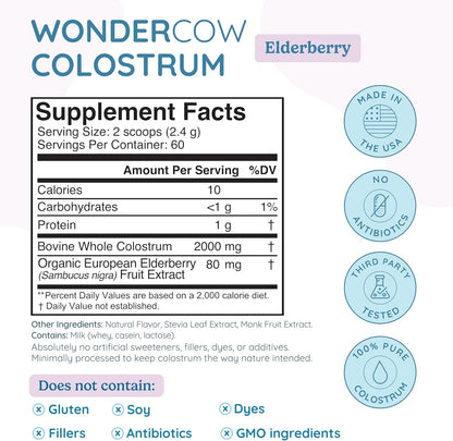 Colostrum Supplement Powder for Gut Health, Immune Support, Muscle Recovery & Wellness | Natural IgG Pure Whole Bovine Colostrum Superfood, Elderberry, 60 Servings