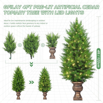 Gfilay 4FT Pre-Lit Artificial Cedar Trees Outdoor - UV-Resistant Outdoor Plants with LED Lights, Potted Greenery for Garden, Patio, Home & Office Decor （Set of 1）