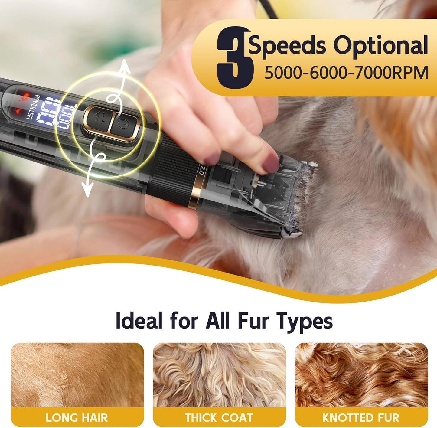 FURBONA Dog Grooming Kit with LED Display, 3-Speed, Low Noise, Rechargeable, Cordless, Waterproof Clippers for Dogs Cats Small & Large Pets with Thick Coats