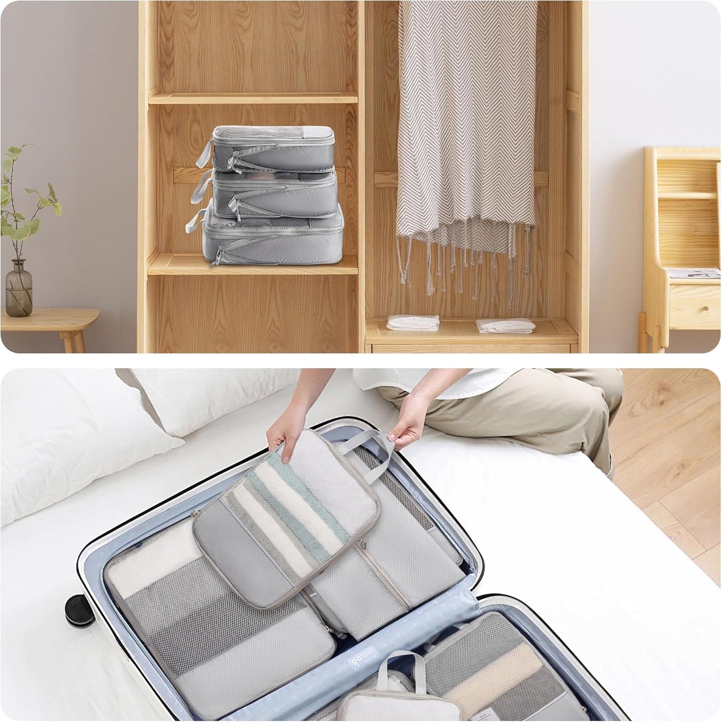 6 Set Compression Packing Cubes Travel Accessories Expandable Packing Organizers, Lightweight Suitcase Organizer Packing Cells Bags Set Travel Essentials, Travel Bags Carry-on Luggage Suitcase Grey
