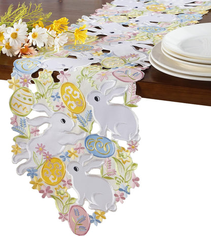 Easter Table Runner Spring Bunnys Flowery Table Runner Cutwork Embroidered Floral and Bunnys Dresser Scarf Table Topper Home Kitchen Dining Tabletop Decoration (Runner 13"×54", Bunny)