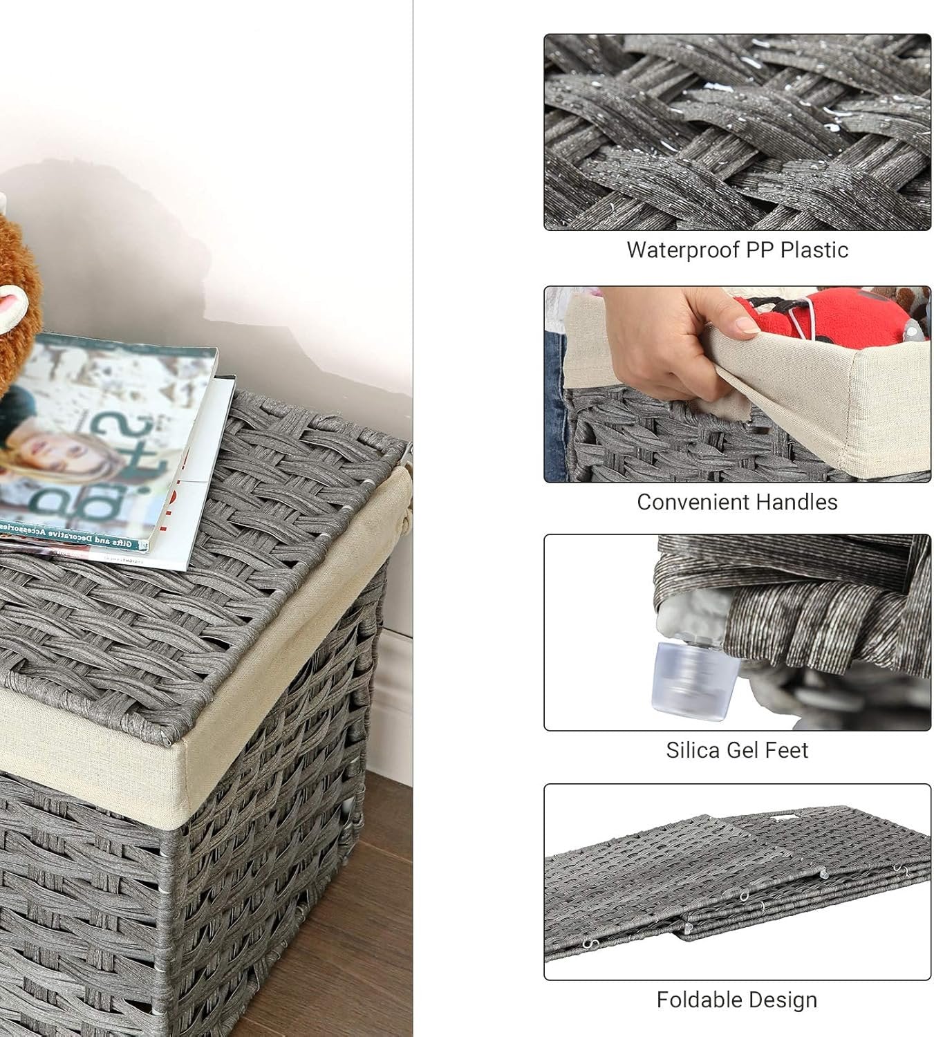 SONGMICS Storage Basket with Lid, 42.3 Gallon (160L) Storage Bin, Woven Blanket Storage Basket with Handles, Foldable, Removable Liner, Metal Frame, for Bedroom, Laundry Room, Gray URST76WG