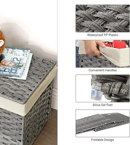 SONGMICS Storage Basket with Lid, 42.3 Gallon (160L) Storage Bin, Woven Blanket Storage Basket with Handles, Foldable, Removable Liner, Metal Frame, for Bedroom, Laundry Room, Gray URST76WG
