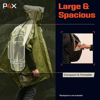 PREPARED4X Emergency Rain Poncho with Mylar Blanket Liner - Survival Blankets for Car - Heavy Duty, Waterproof Camping Gear, Tactical Prepper Supplies–