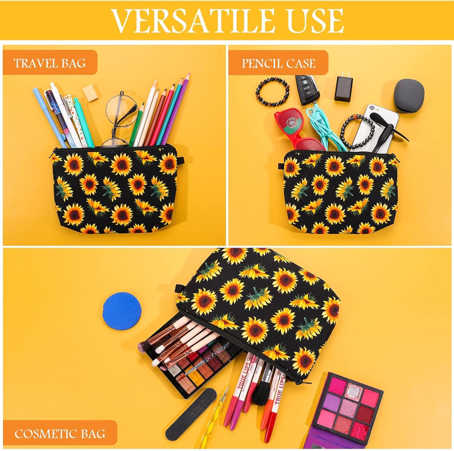 Sibba Canvas Cosmetic Bag, Mini Zipper Bag, Toiletry Organizer, Cosmetic Organizer, Travel Accessories for Women and Girls, Sunflower Yellow Small, Bag Organizer