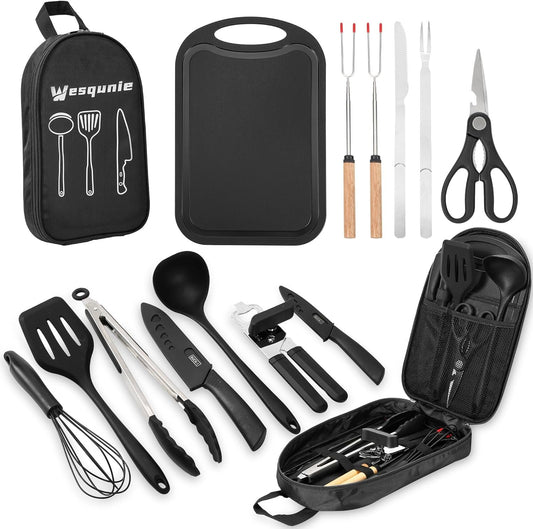 Wesqunie Camping Cooking Cookware Kitchen Set - Camp Accessories Cook Utensils Kit, Camping Essentials BBQ Silicone Mess Kit for Backpacking Gear, Camping Must Haves Equipment