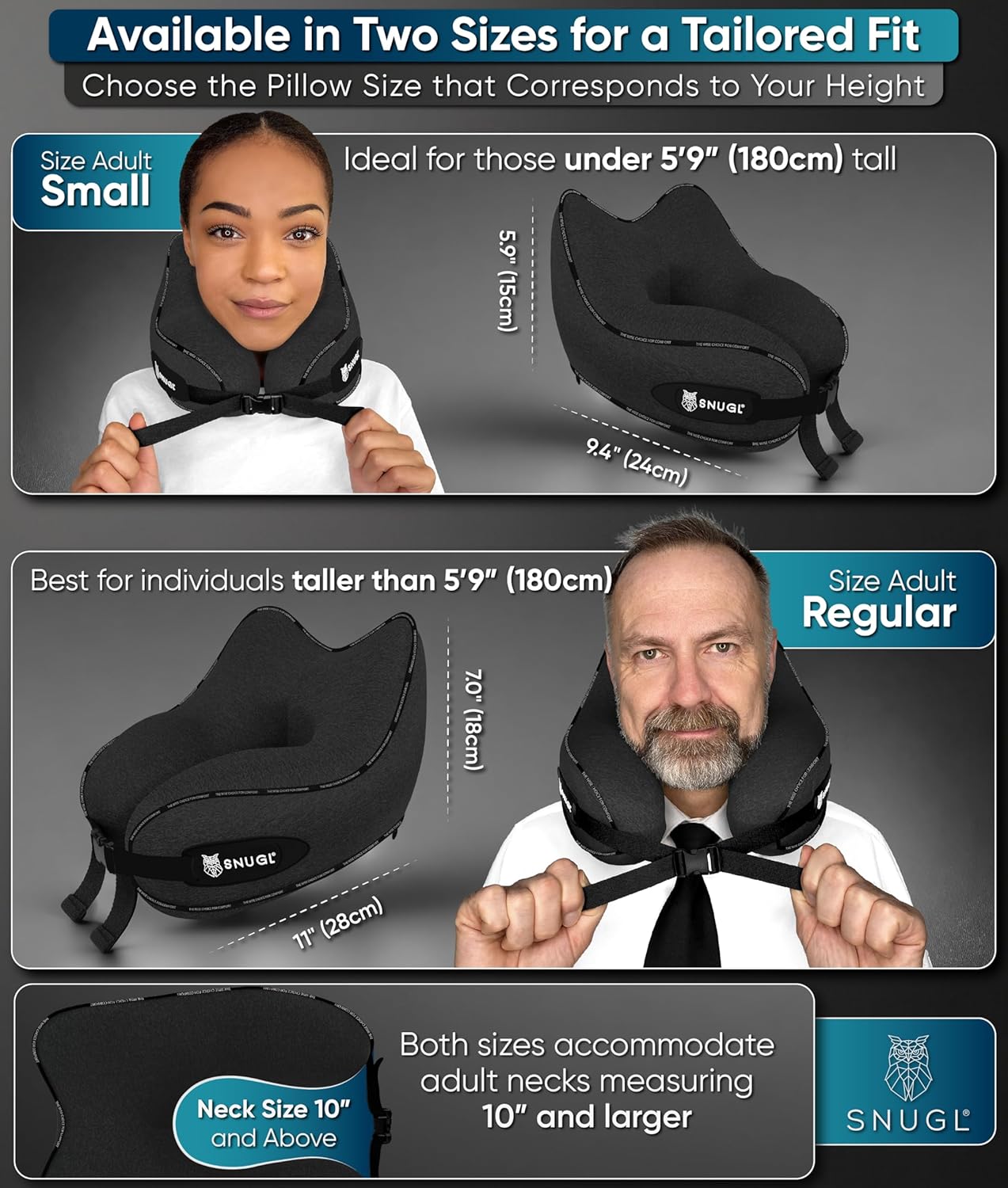 SNUGL Travel Pillow - Memory Foam Neck Cushion - Flight Pillow | Support Neck Pillow for Travel | Travel Neck Pillow for Airplane with Carry Bag & Clip | Flying Travel Essentials (Black - Small)