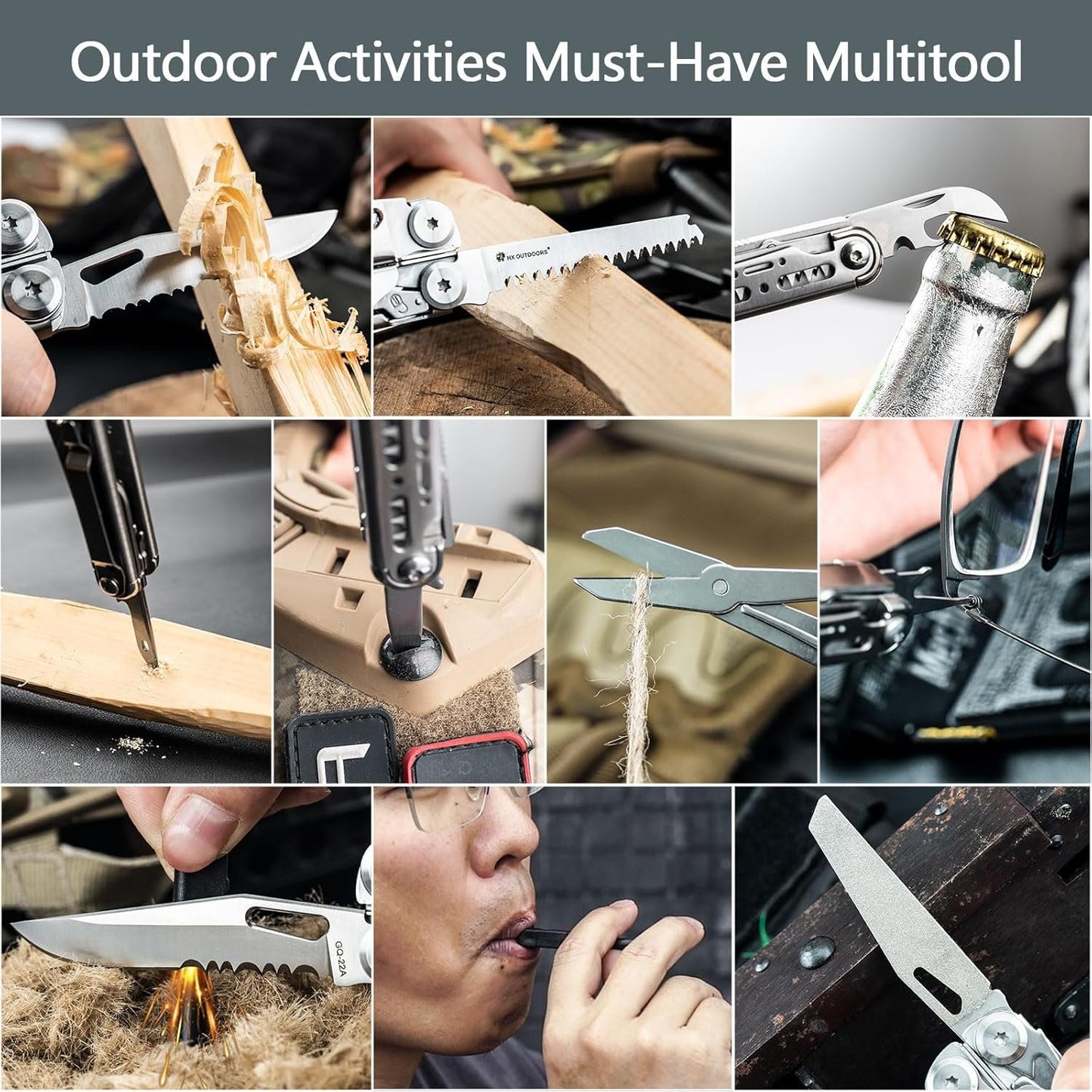 HX OUTDOORS 19 in 1 Multi Tool Pocket Knife Set, Stainless Steel Multitool Pliers with Fire Starter and Glass Breaker, Folding EDC Camping Survival Tools for Men (Silver)