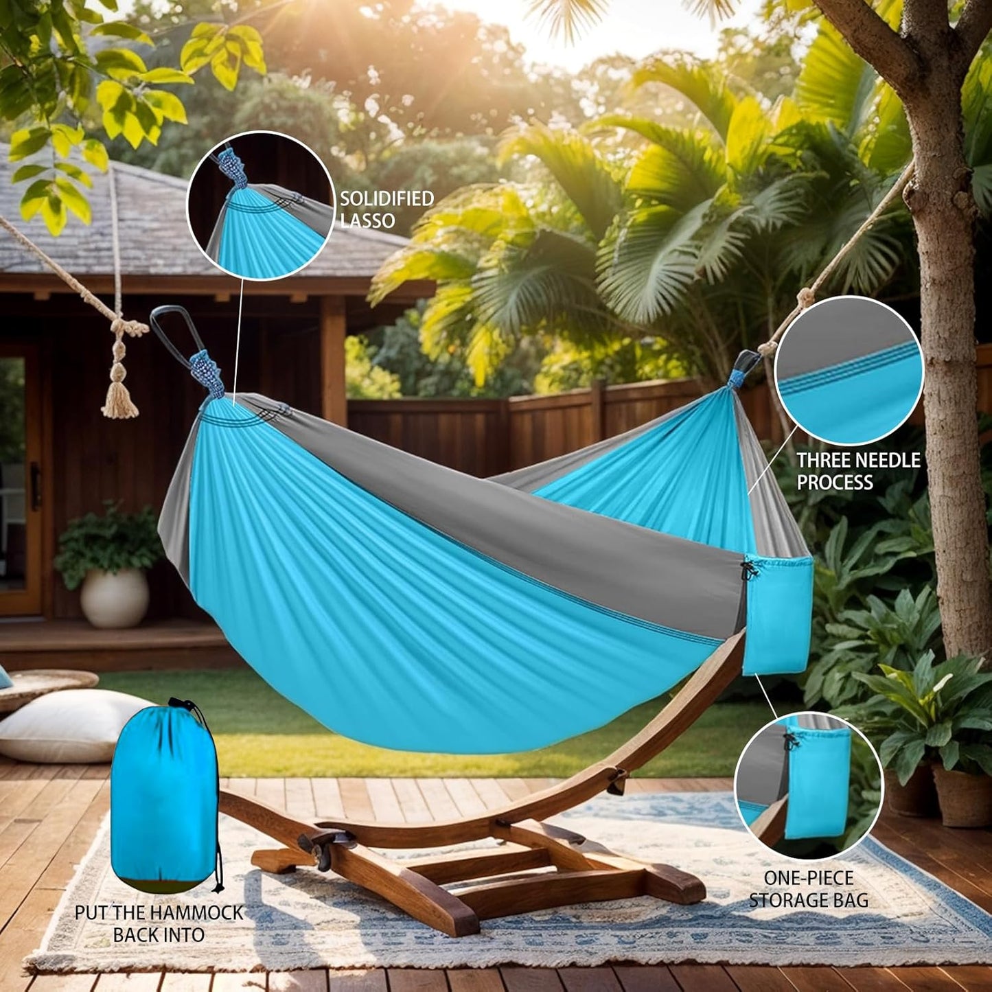 SOOPRNO Camping Hammock. Portable Double and Single Hammock with 2 Tree Straps and Attached Carry Bag. Camping Gear for Outdoor Hiking Camping Beach Backpacking Travel. (Blue & Grey)