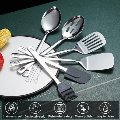 ReaNea 40 Pcs Stainless Steel Kitchen Utensil Set with Utensil Holder, Kitchen Gadgets, Metal Spatula Set
