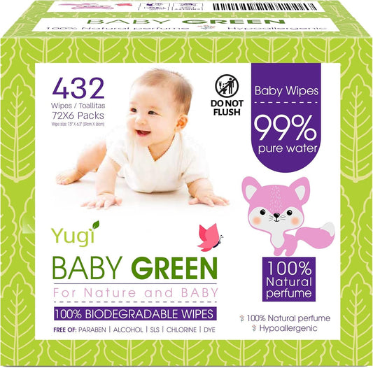 Biodegradable Baby Wipes Natural Perfume â€“ Pack (6 Packs of 72) 432 â€“ 99% Pure Water Plastic Free Moist Newborn Diaper Wipes, Wet Wipe for Babies & Adults Sensitive Skin