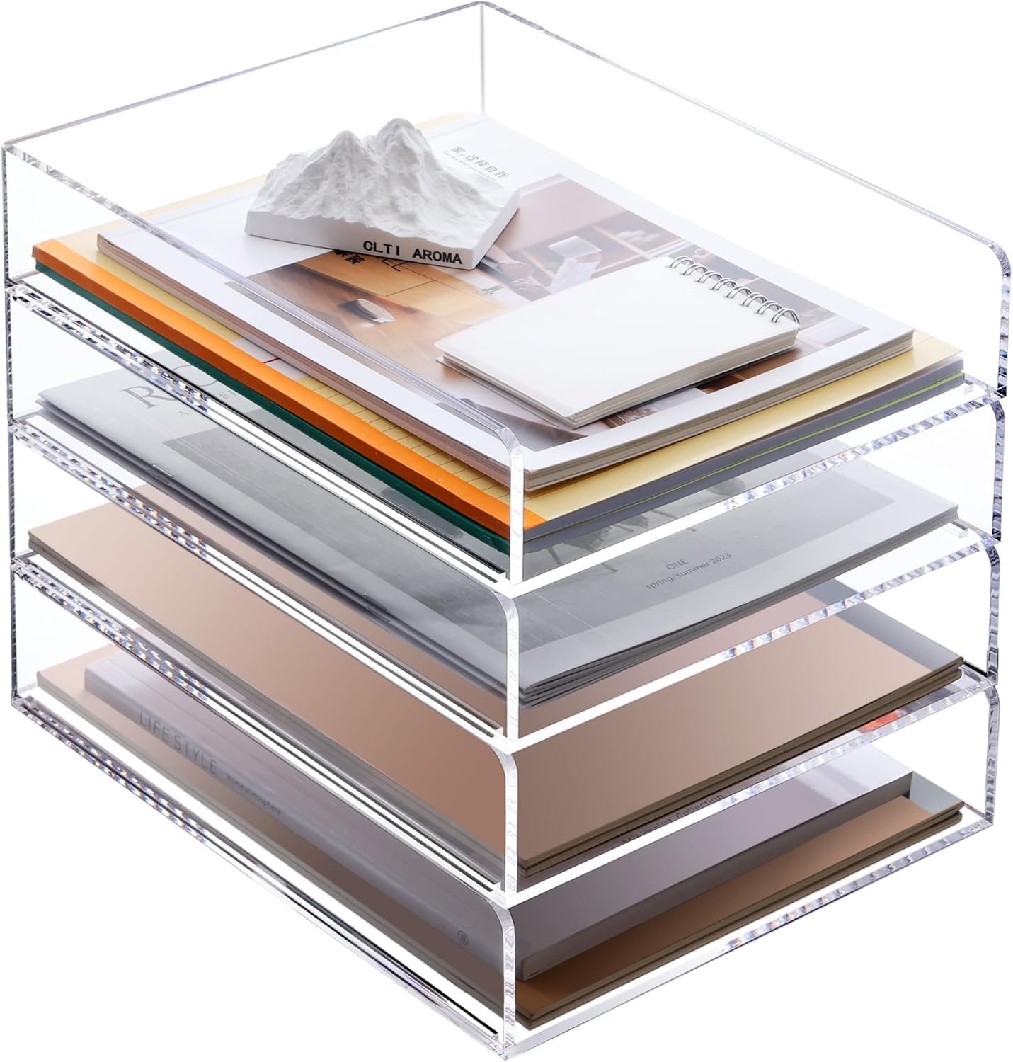 SANRUI 4-Tier Acrylic Stackable Desk Organizer Trays – Clear Vertical Paper Tray for A4/Letter Files, Folders & Office Supplies – Non-Slip Modular Desktop Storage Shelf, Workspace & Home Organization
