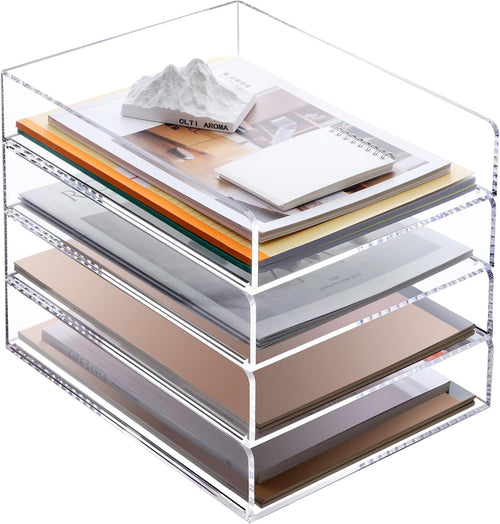 SANRUI 4-Tier Acrylic Stackable Desk Organizer Trays – Clear Vertical Paper Tray for A4/Letter Files, Folders & Office Supplies – Non-Slip Modular Desktop Storage Shelf, Workspace & Home Organization
