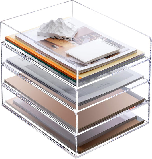 SANRUI 4-Tier Acrylic Stackable Desk Organizer Trays – Clear Vertical Paper Tray for A4/Letter Files, Folders & Office Supplies – Non-Slip Modular Desktop Storage Shelf, Workspace & Home Organization