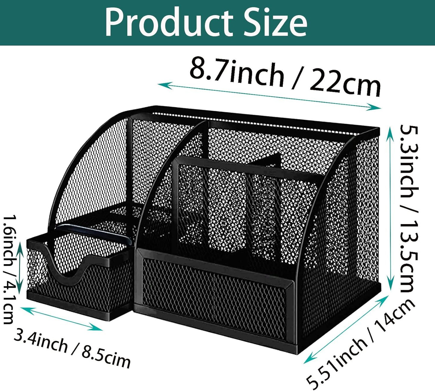 PYJLBX Desk Organizer, Pen Holder Desk Accessories, Metal Mesh Desk Organizers and Storage, Pencil Holder Desk Organizers Office Supplies Caddy Desk Storage with Draw for Home, Office, School (Black)