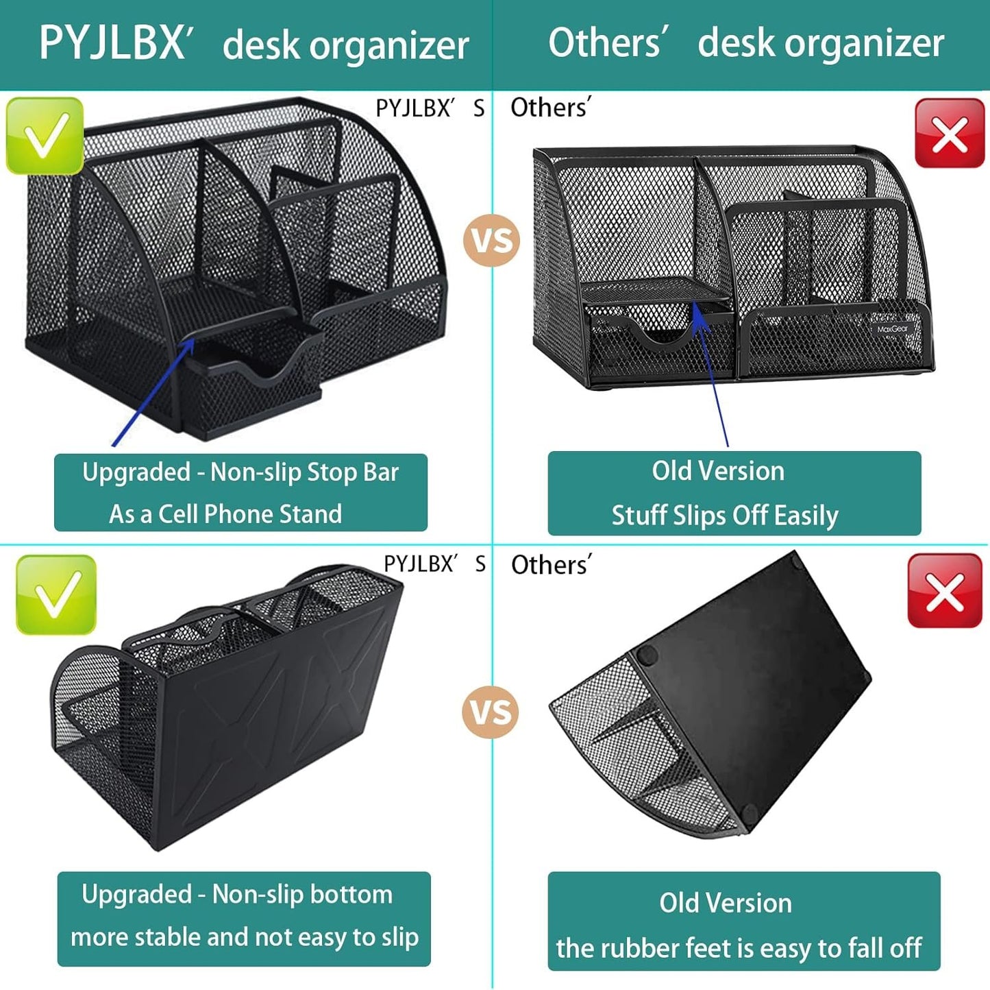 PYJLBX Desk Organizer, Pen Holder Desk Accessories, Metal Mesh Desk Organizers and Storage, Pencil Holder Desk Organizers Office Supplies Caddy Desk Storage with Draw for Home, Office, School (Black)