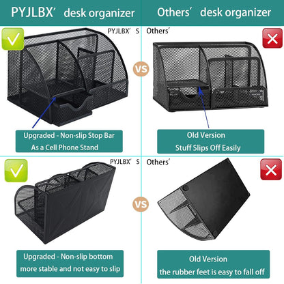 PYJLBX Desk Organizer, Pen Holder Desk Accessories, Metal Mesh Desk Organizers and Storage, Pencil Holder Desk Organizers Office Supplies Caddy Desk Storage with Draw for Home, Office, School (Black)