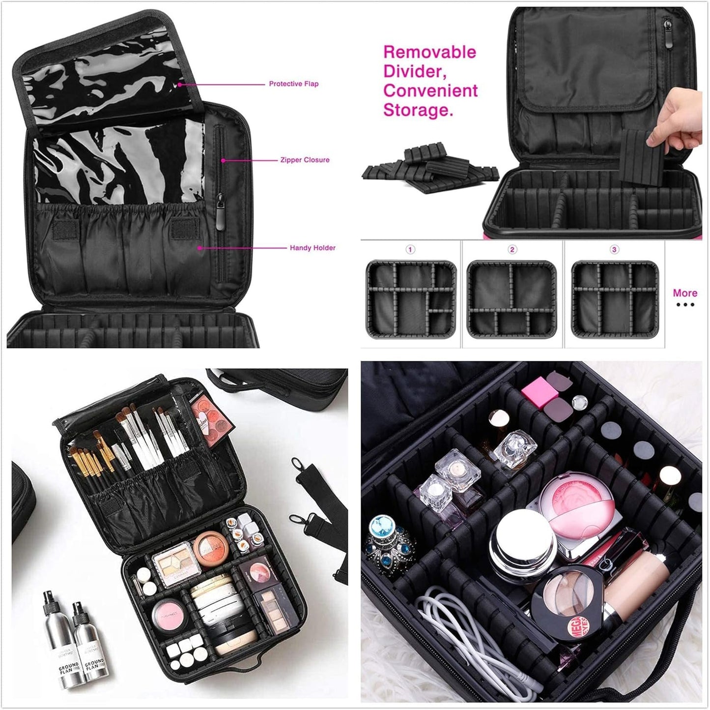 GreenLife® Professional Makeup Train Cosmetic case Makeup Bag Travel Organizer Make up Artist Master Waterproof Case Portable Storage with Adjustable Dividers Accessories Tools Brushes Pouch (Black)