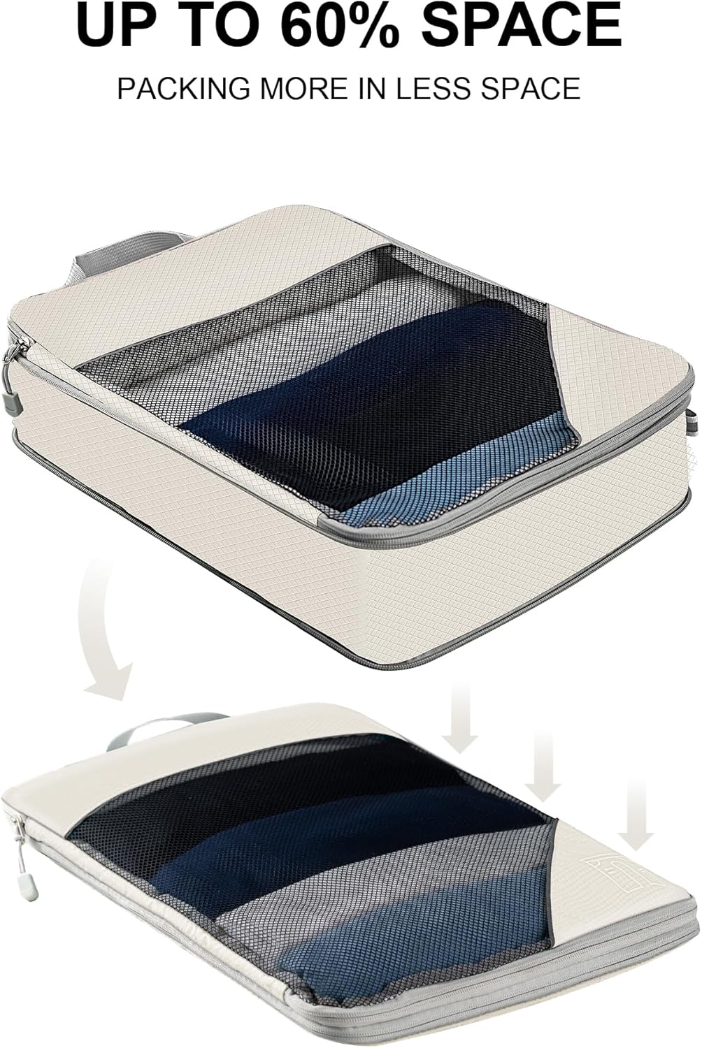 Koncle Compression Packing Cubes for Suitcases, Extensible Travel Packing Cubes, Mesh Luggage Suitcase Organizer Bags, Large Medium Small Slim Packing Cube, Travel Suitcase Accessories Cream
