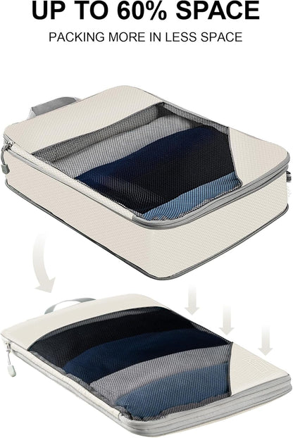 Koncle Compression Packing Cubes for Suitcases, Extensible Travel Packing Cubes, Mesh Luggage Suitcase Organizer Bags, Large Medium Small Slim Packing Cube, Travel Suitcase Accessories Cream
