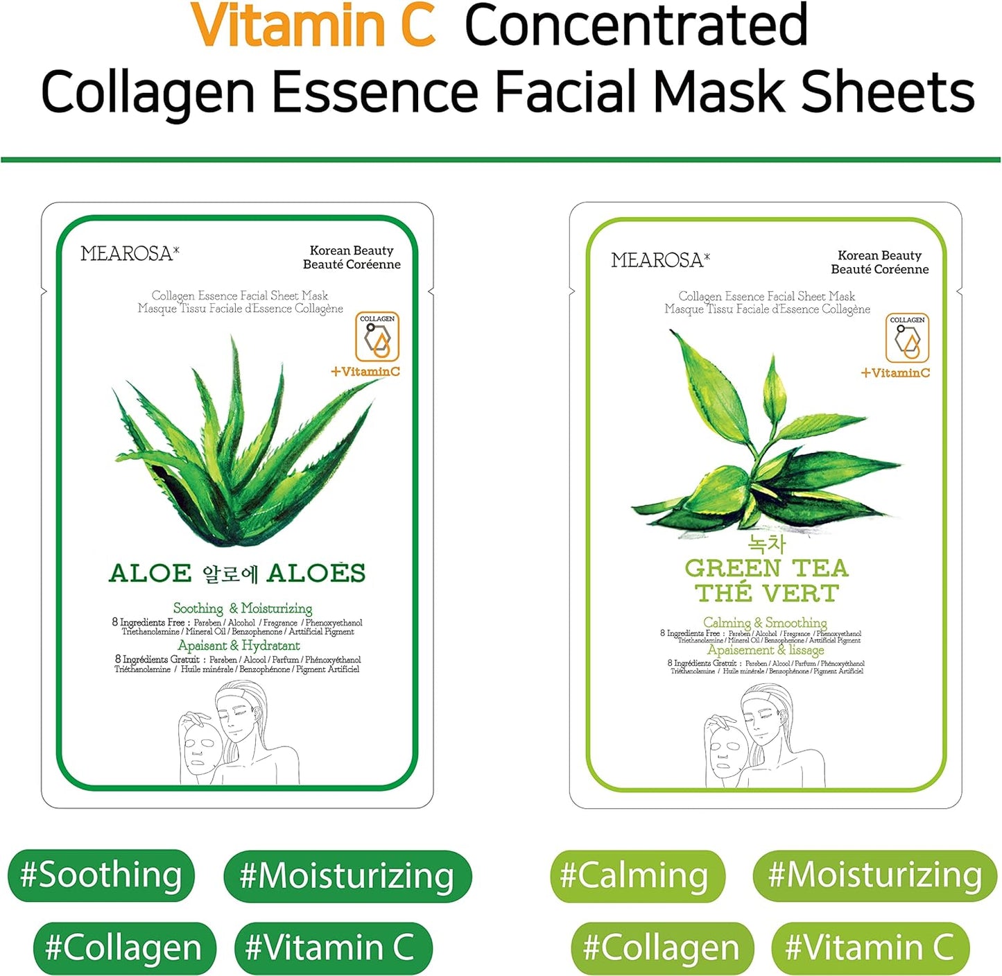 MEAROSA Facial Sheet Mask Korean SkinCare premium Quality Vitamin C Collagen Essence Sensitive skin(8 Sheet Variety pack)