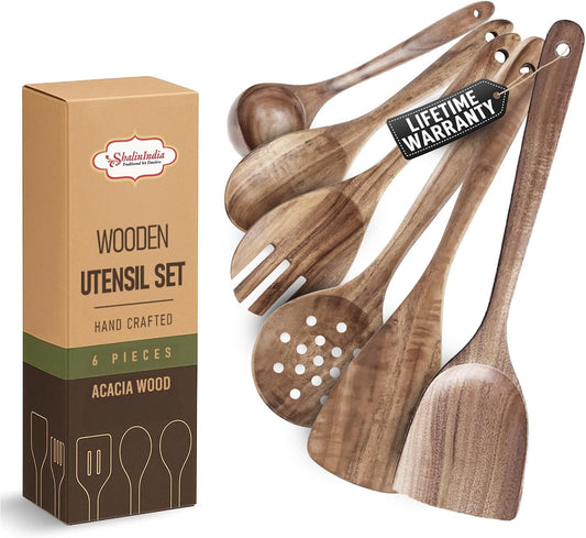 6-Piece Wooden Spoons for Cooking, Acacia Wood Cooking Utensils Set, Kitchen Utensils for Nonstick Pans and Cookware | Wooden Spatulas & Spoons | Heat Resistant, Comfort Grip, Eco-Friendly, Non Toxic