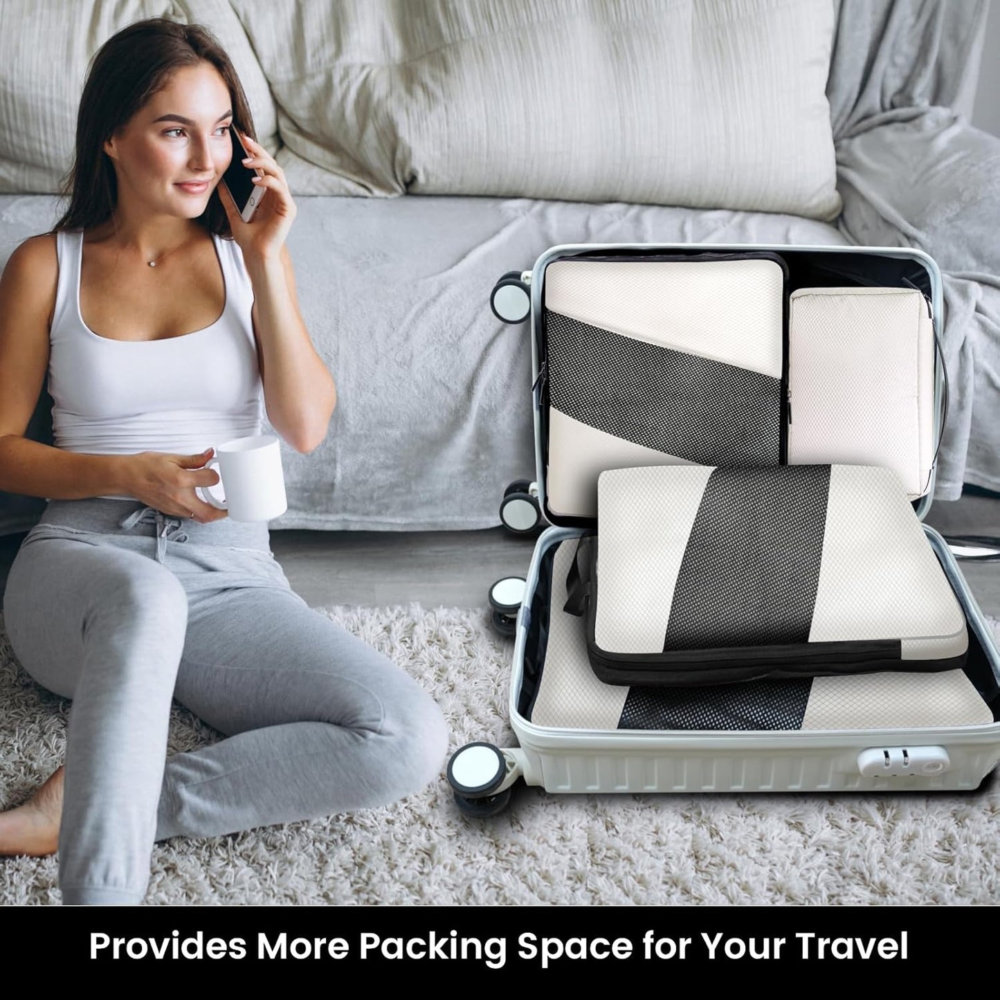 Carttiya Space-Saving Travel Suitcase Organizer Set, Waterproof Expandable Ultralight Compression Packing Cubes, Travel Suitcase Organizers, Travel Backpack Organizer, Cream White, 6 Pieces