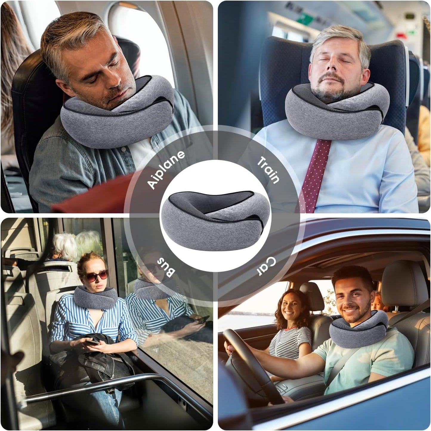 Sonicefit Neck Travel Pillow for Airplanes, Memory Foam 360 Degree Support Pillow with Removable Cover, Compact and Ergonomic Neck Pillow for Travel Home Cars Office, Lightweight & Portable (Gray)