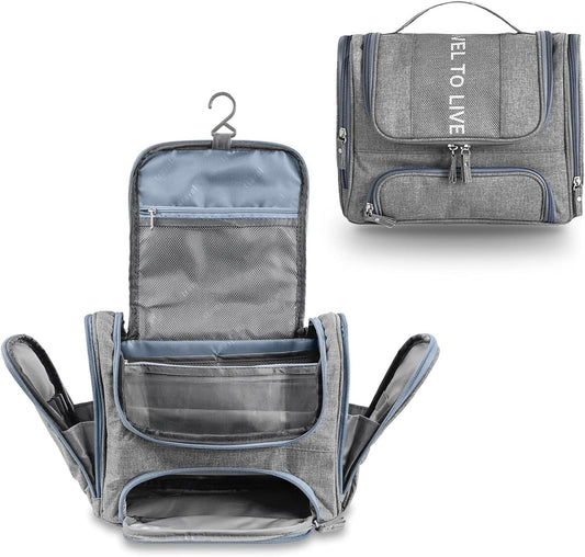 Hanging Travel Toiletry Bag for Women Men, Waterproof Cosmetic Makeup Organizer Bag Storage with Hook, Skincare Hygiene Bathroom Bag for Traveling Full Size Bottles (Gray)