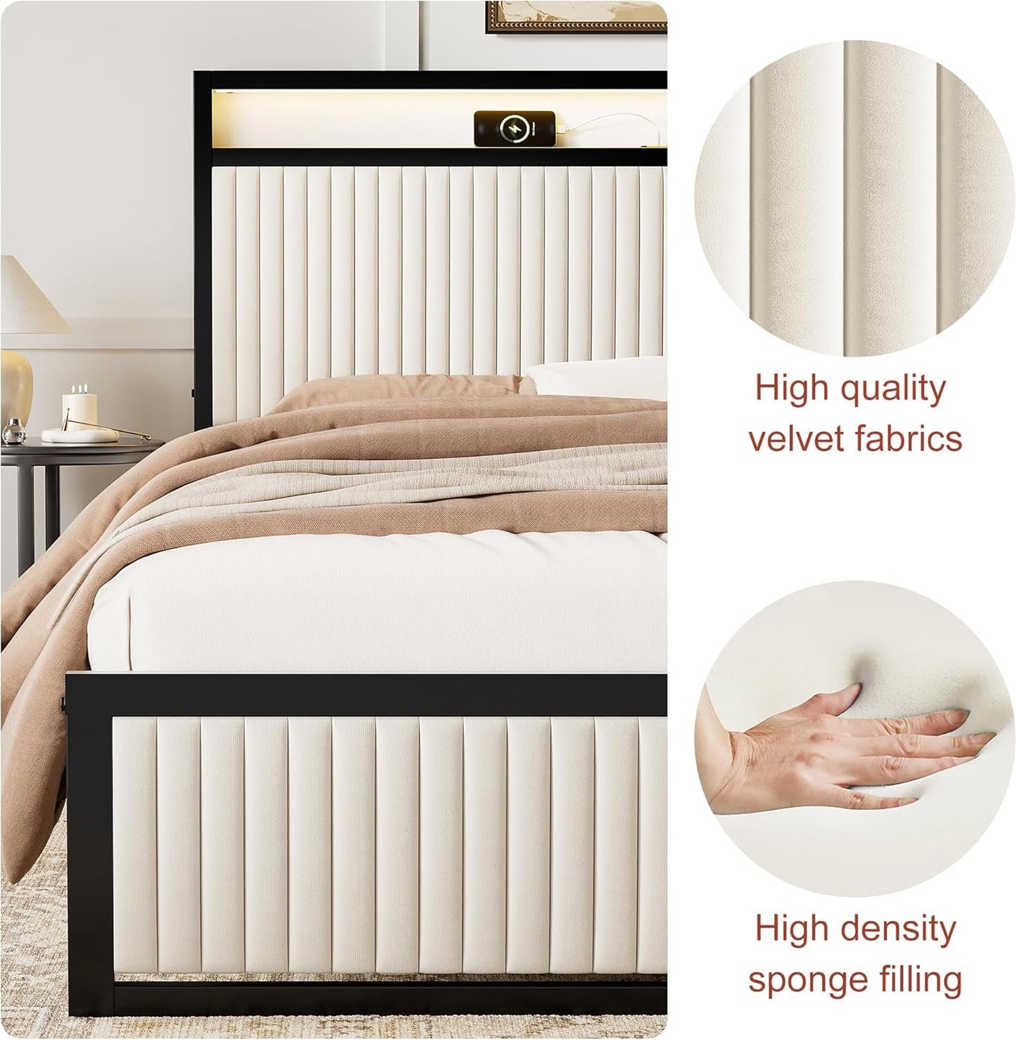 ROLETALENT Full Bed Frame with Headboard and 2 Storage Drawers, Upholstered Bed Frame Full Size with Charging Station & LED,Velvet Platform Bed Frame, Metal Support,No Box Spring Needed,Beige