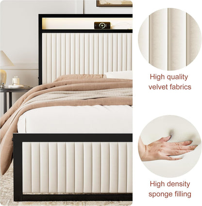 ROLETALENT Full Bed Frame with Headboard and 2 Storage Drawers, Upholstered Bed Frame Full Size with Charging Station & LED,Velvet Platform Bed Frame, Metal Support,No Box Spring Needed,Beige