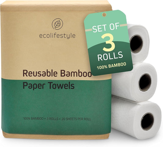 Ecolifestyle Reusable Paper Towels Washable – 3 Rolls, 20 Sheets (11"x11") | Made of Bamboo, Super Absorbent, Machine Washable, Eco-Friendly Alternative to Paper Towels | Perfect for Kitchen & Beyond