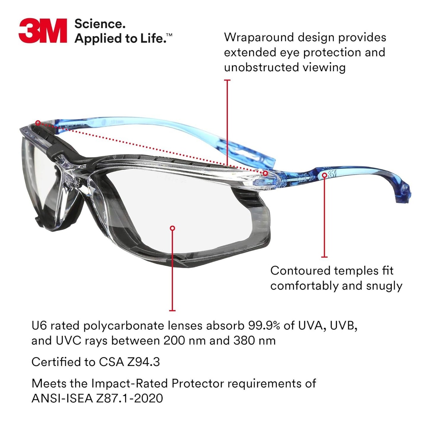 3M Safety Glasses, Virtua CCS, ANSI Z87, Anti-Fog, Indoor/Outdoor Mirrored Lens, Blue Frame, Corded Ear Plug Control System, Removable Foam Gasket