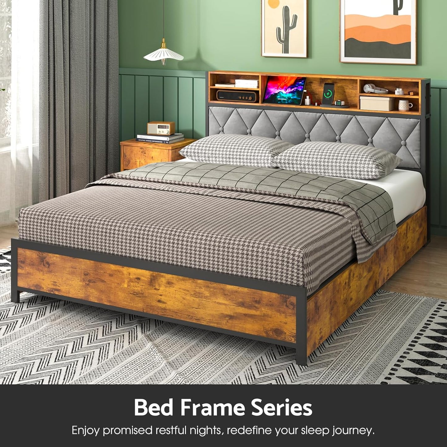 Ufurniture Double Bed Frame Industrial, Mattress Base with 4 Storage Drawers, USB Ports and Storage Headboard