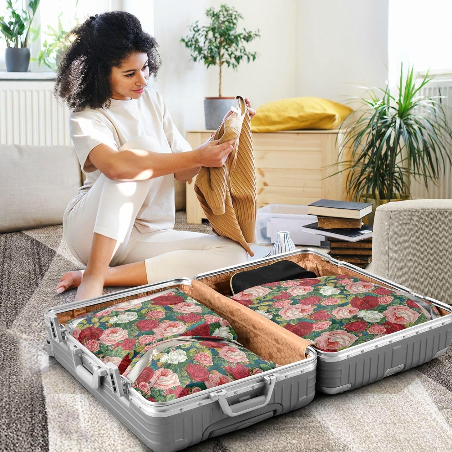 Roses Beauty Flower 3 Piecing Packing Travel Bag Reusable Compression Bags For Travel Space Saver Bag Storage And Organization