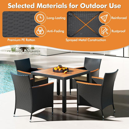 ORALNER 5 Pieces Outdoor Dining Set, Wicker Dining Table and Chairs Set with Acacia Wood Table Top, Seat Cushions, Rattan Patio Dining Table Set for 4, Garden Yard Poolside Deck, Brown