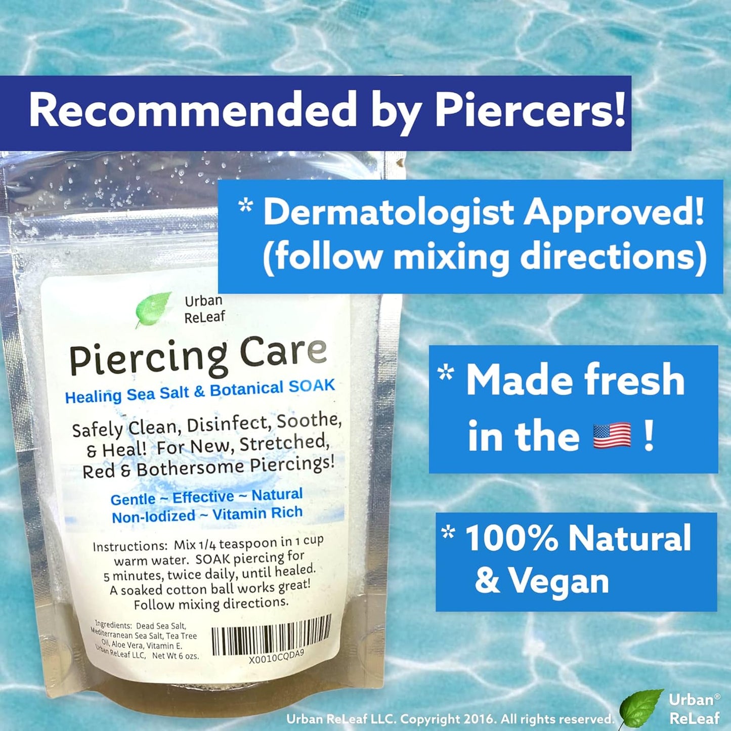 Urban ReLeaf Piercing Care 6 oz. Bag, Soothing Sea Salt & Botanical SOAK. Aftercare Solution Concentrate, Makes 90 Cups. Visit the Urban ReLeaf Store